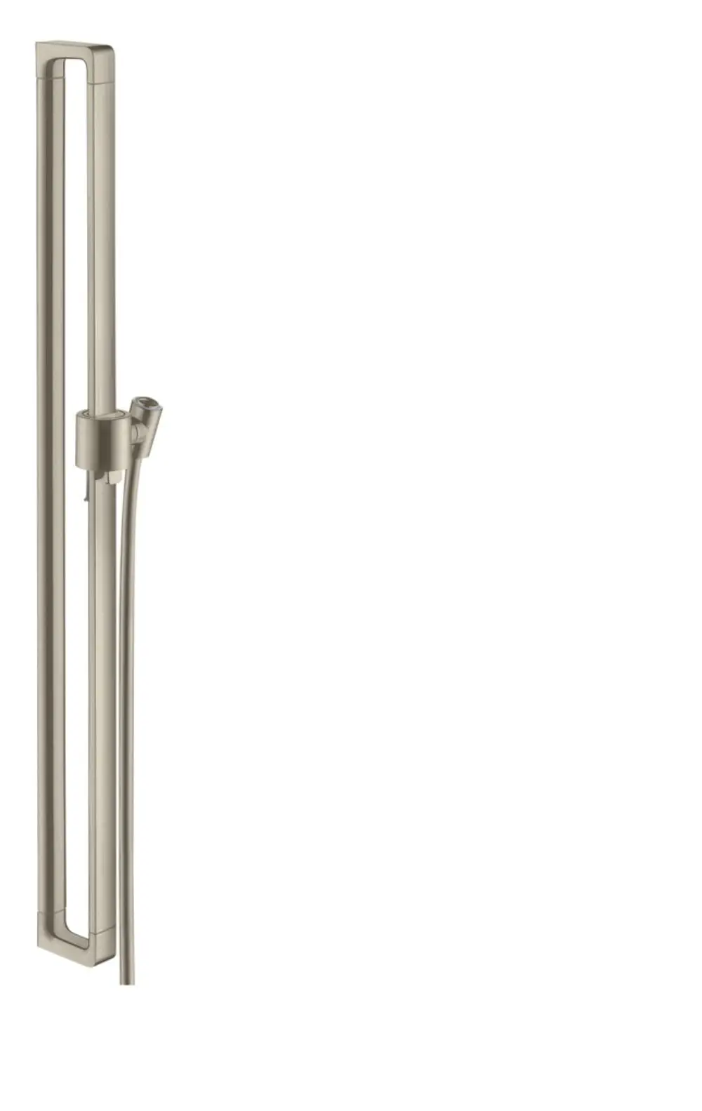 AXOR Brausestange in gebürstetem Nickel mit angeschlossenem Brauseschlauch, montiert an der Wand, in einem schlichten Design.